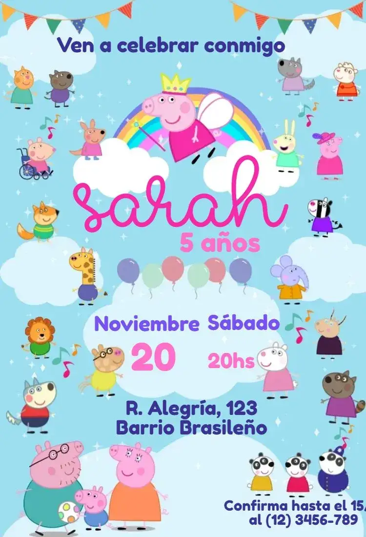 Invitación Peppa Pig y Amigos – tema Cumpleaños Infantil colorido, divertido, infantil, temático, de caricaturas, alegre