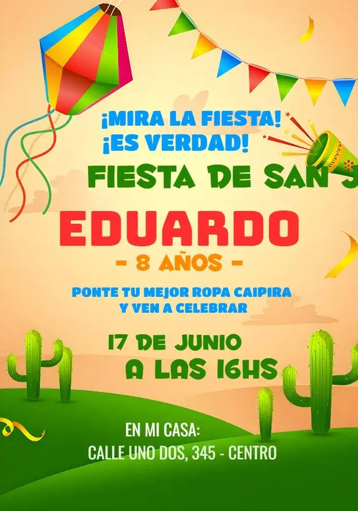 Invitación Fiesta Junina Arraiá Menina – tema Cumpleaños colorido, festivo, vintage, rústico, tradicional, brincalhão