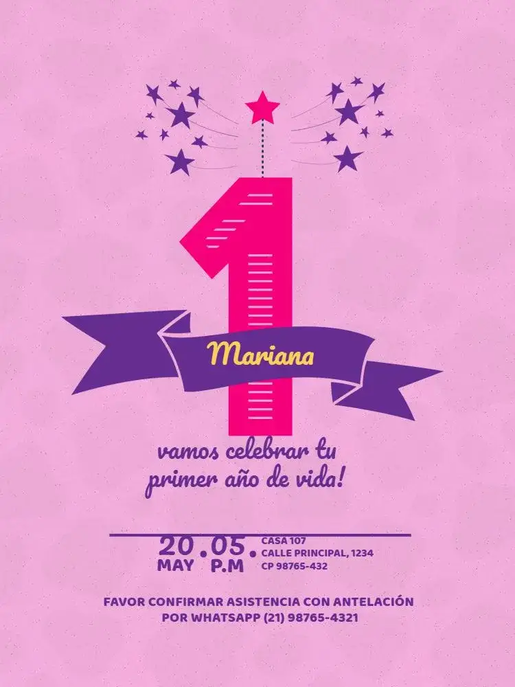 Invitación Primer Año Niña Delicada Estrella – tema Cumpleaños Infantil delicado, lúdico, rosa y morado, estrellas, femenino, moderno
