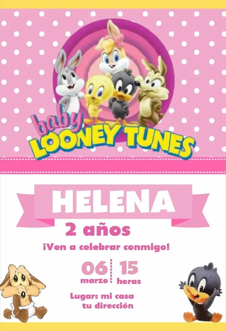 Invitación Looney Tunes Baby Niña – tema Cumpleaños Infantil rosa, divertido, infantil, colorido, ilustraciones de personajes, estilo caricatura