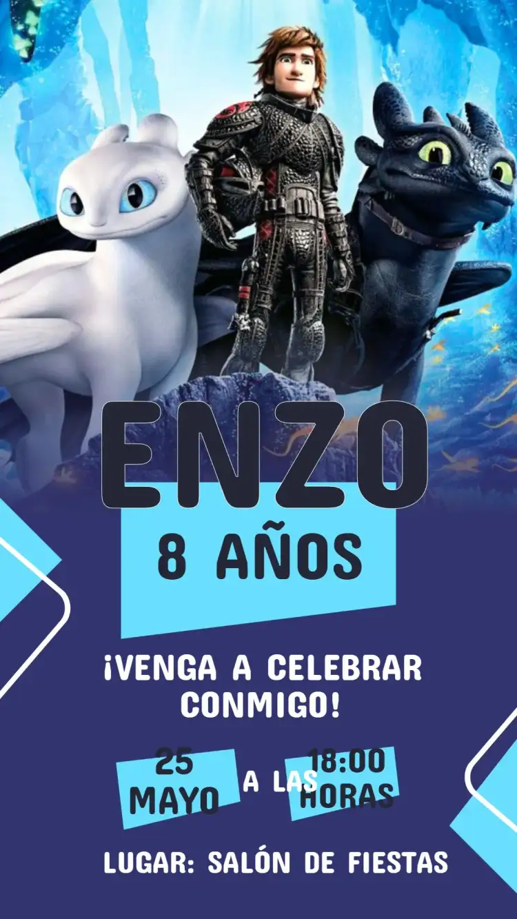 Invitación Invitación Cumpleaños Cómo entrenar a tu dragón – tema Cumpleaños Infantil aventura, fantasía, colorido, divertido, ilustraciones de dragones, místico