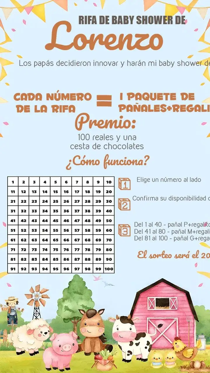 Invitación Té Rifa Granja Acuarela Niño – tema Té Rifa acuarela, animales, granja, colores suaves, lúdico, infantil
