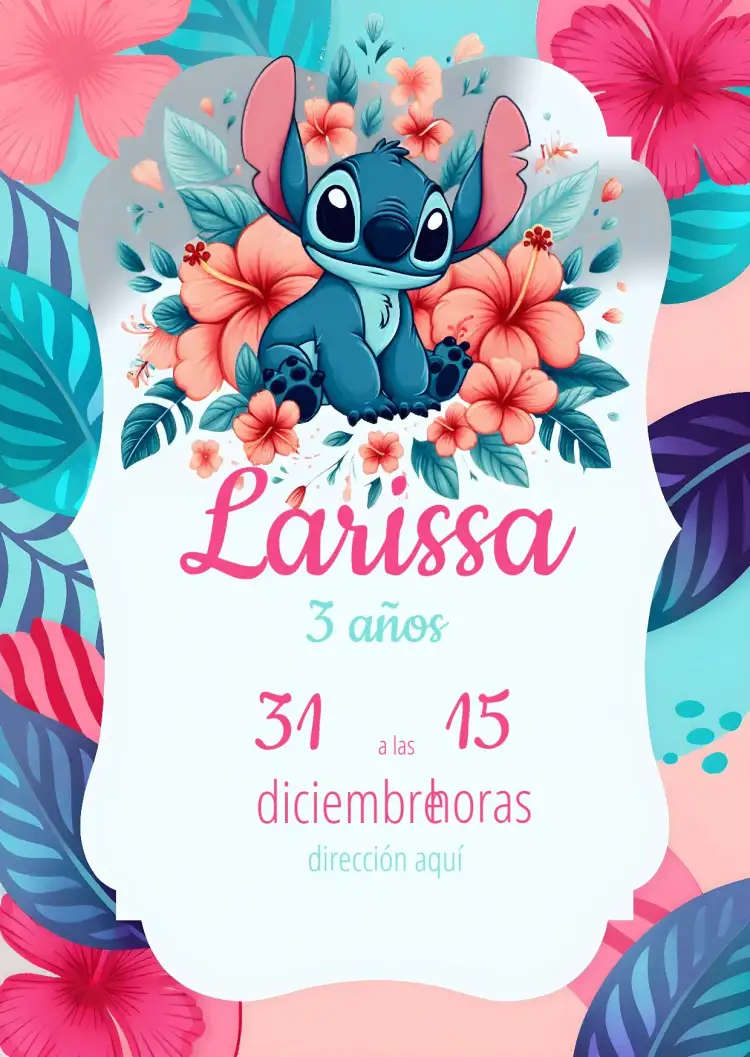 Invitación Stitch Niño – tema Más buscados tropical, floral, colorido, infantil, divertido