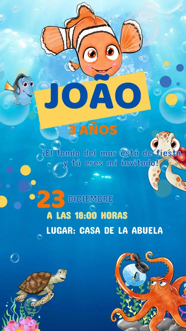 Invitación Invitación Cumpleaños Buscando a Nemo – tema Cumpleaños Infantil azul marino, colorido, divertido, ilustraciones animadas, estilo cartoon, vibrante