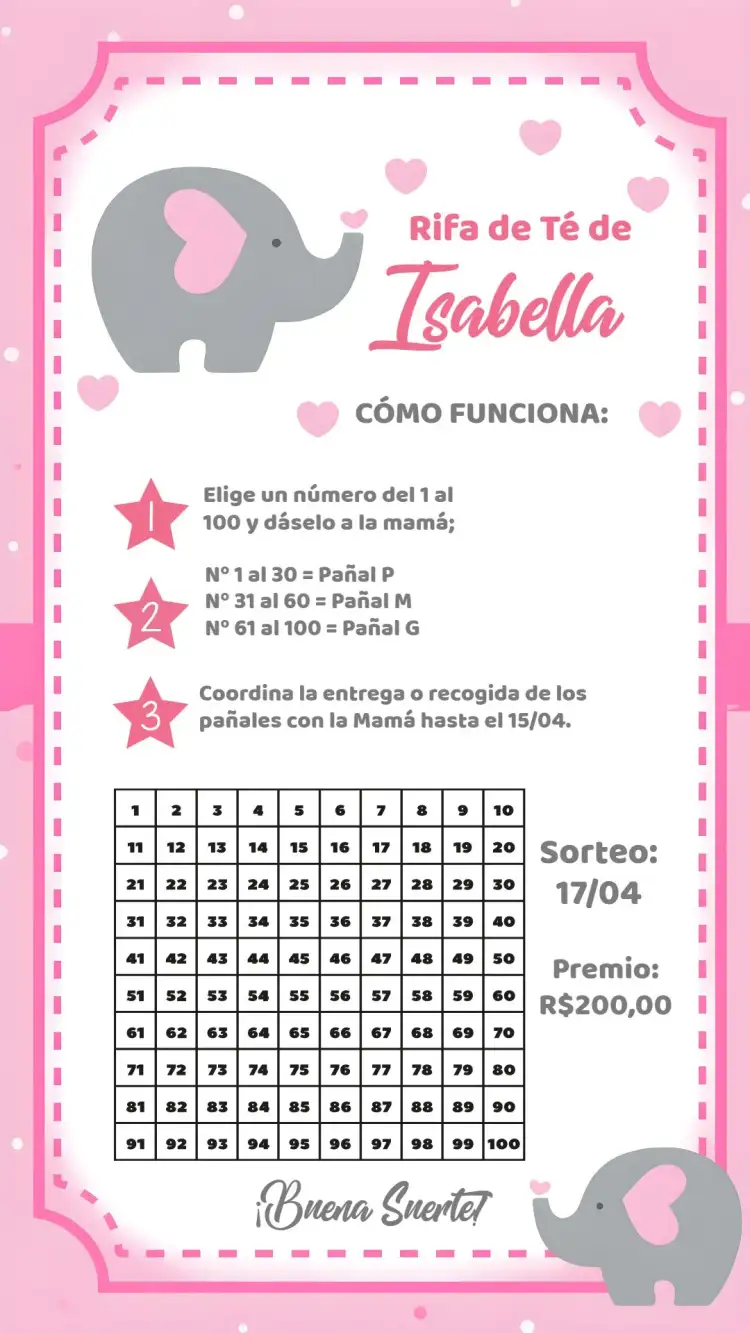 Invitación Chá Rifa Elefantinha Bebê – tema Té Rifa rosa y blanco, elefantita, estrellas, corazones, lúdico, divertido