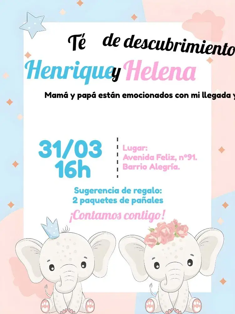 Invitación Baby Shower Revelación Elefantitos Pañal