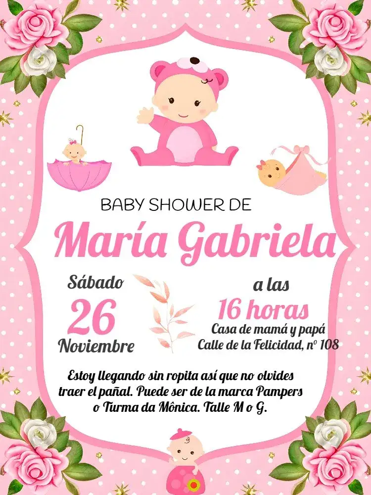 Invitación Baby Shower Niña Rosa – tema Baby Shower floral, acuarela, delicado, niña, moderno