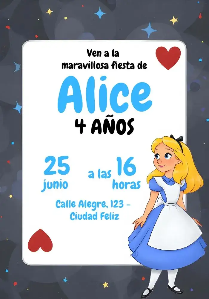 Invitación Alicia En El País De Las Maravillas Azul – tema Fechas Conmemorativas fantasía, lúdico, azul y blanco, ilustraciones infantiles, estilo cuento de hadas, visual encantado