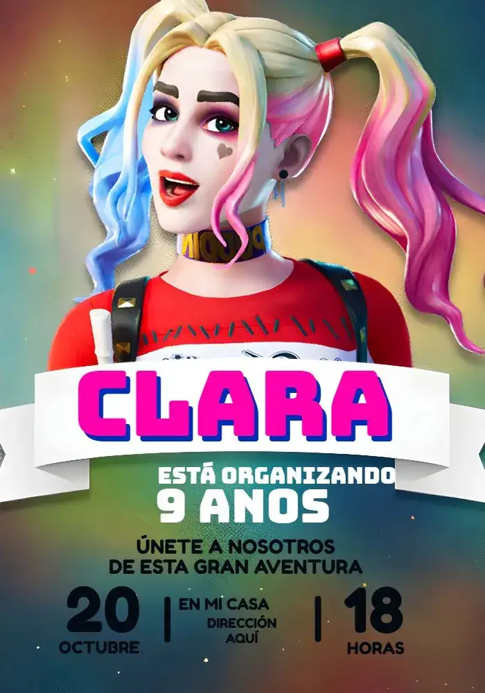 Invitación Arlequina Alerquina – tema Cumpleaños Infantil colorido, cómics, moderno, divertido, vibrante, temático