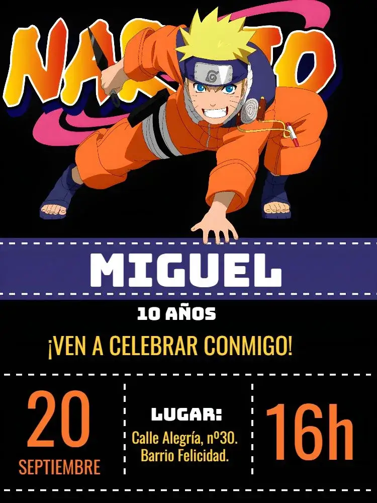 Invitación Naruto Anime – tema Cumpleaños Infantil anime, temática Naruto, colores vibrantes, estilo moderno, elementos gráficos de anime, diseño divertido