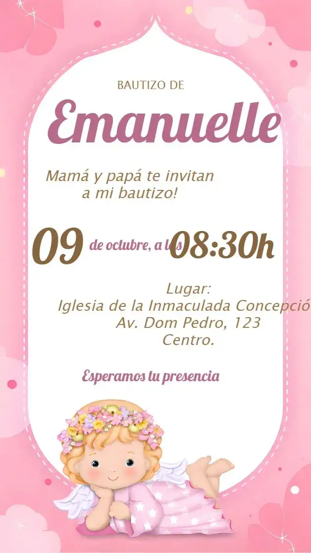 Invitación Bautizo Angelita Rosa Niña – tema Bautismo rosa, delicado, infantil, angelical, floral, moderno