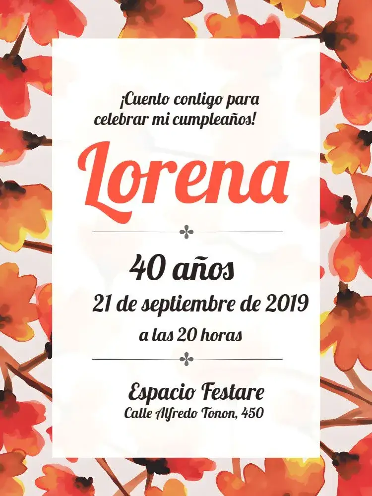 Invitación Floral - Naranja y Blanco Adulto – tema Cumpleaños floral, vibrante, moderno, elegante, descontraído, colorido
