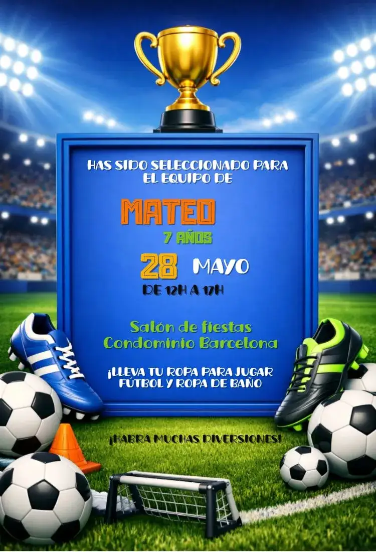 Invitación Fútbol Copa del Mundo – tema Cumpleaños colores vibrantes, estilo deportivo, elementos gráficos de fútbol, diseño moderno, ilustraciones temáticas, detalles dinámicos