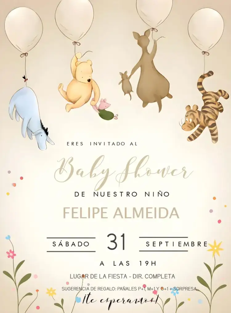 Invitación Baby Shower Winnie the Pooh Donkey – tema Más buscados colorido, infantil, lúdico, fofo, ilustraciones, temática de oso
