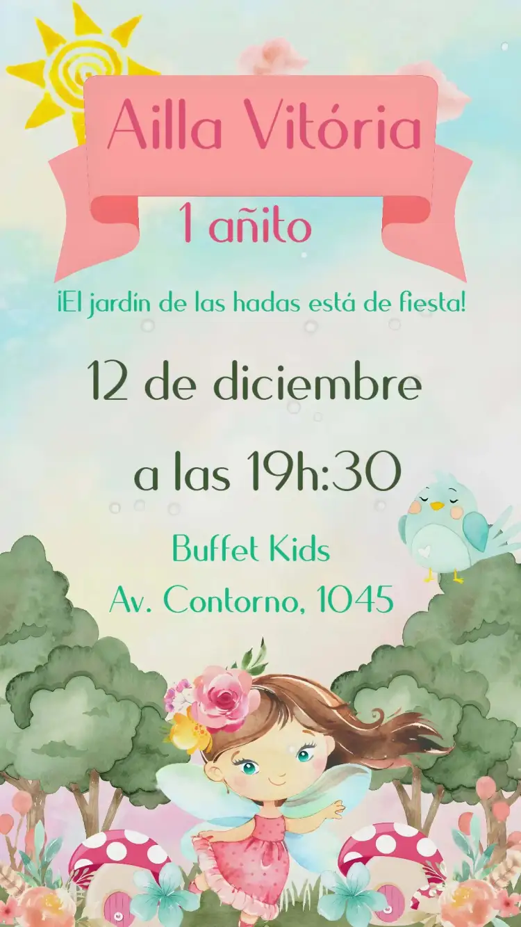 Invitación Jardín de las Hadas – tema Cumpleaños Infantil mágico, colorido, floral, fantasía, lúdico, divertido