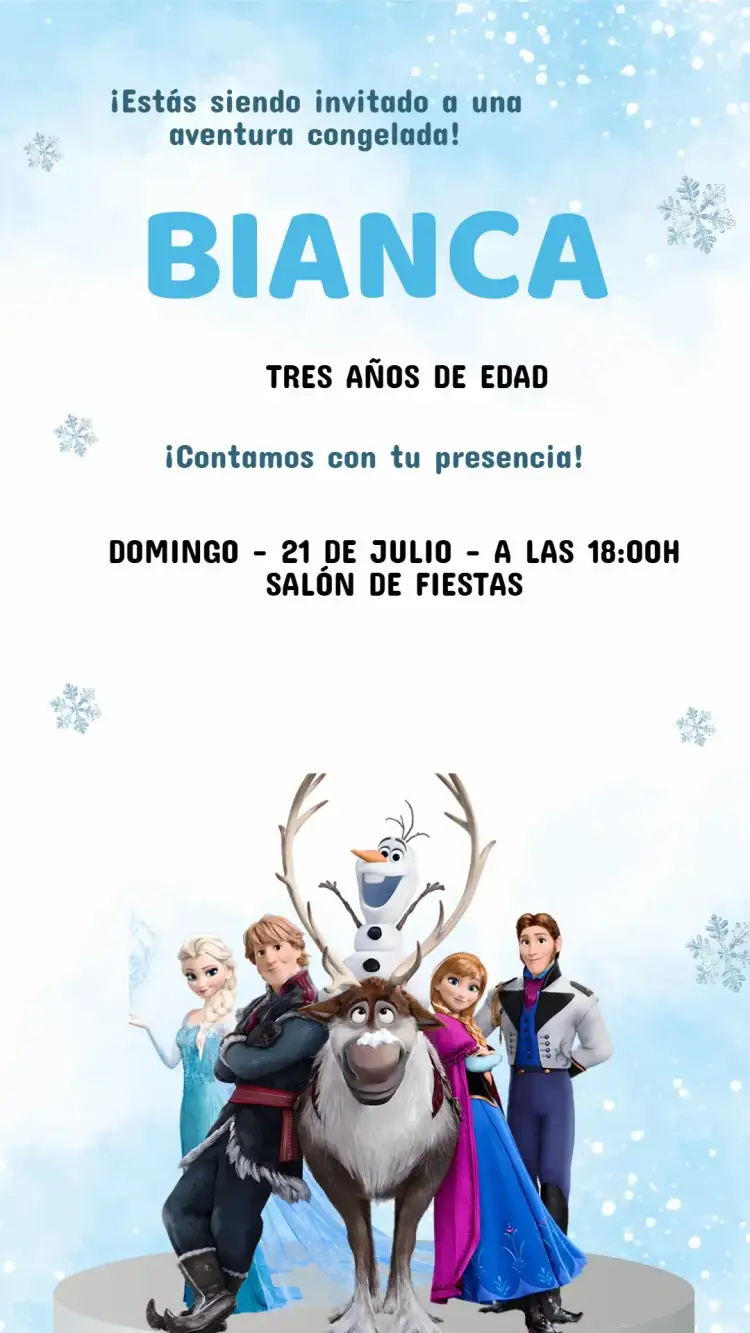 Invitación Invitación Princesas Frozen Infantil - Editable y Personalizado – tema Cumpleaños Infantil azul claro, blanco, ilustraciones de princesas, elementos de hielo, estilo lúdico, toques mágicos