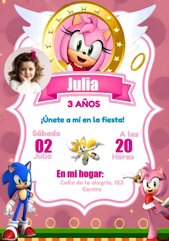 Invitación Amy Rose Sonic Con Foto Azul