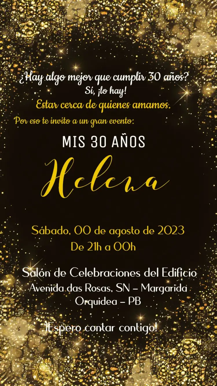 Invitación Brillo de los Años – tema Cumpleaños negro y dorado, glamuroso, moderno, elegante, celebración, festivo