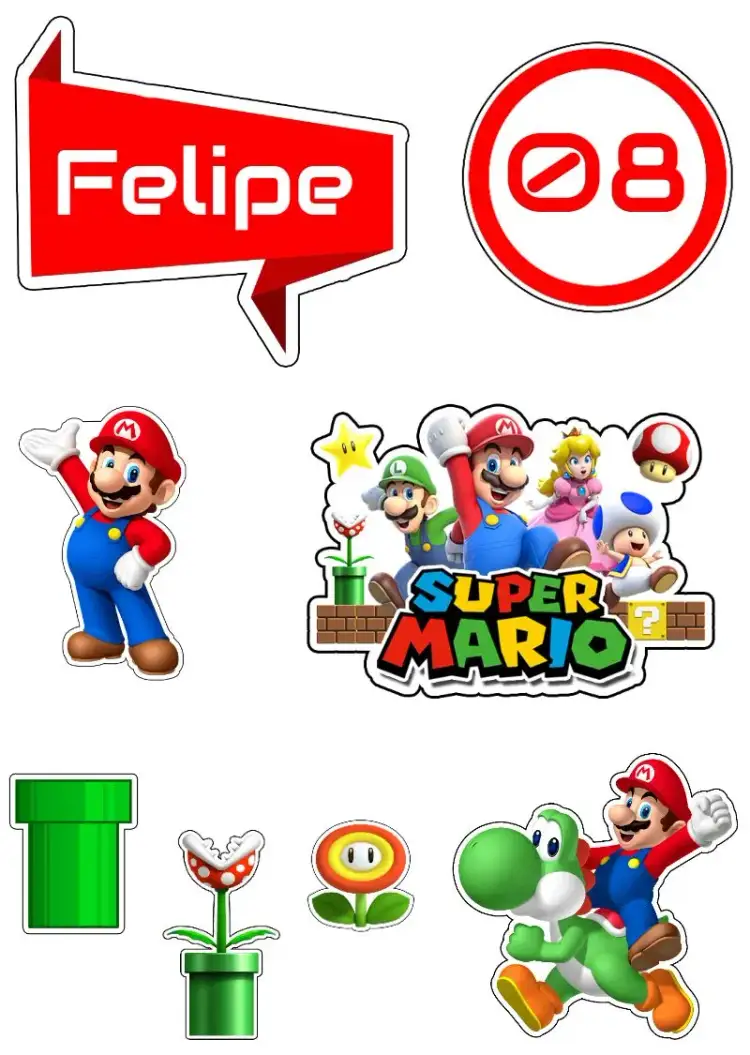Invitación Topo De Pastel Super Mario Imprimir – tema Topper de torta divertido, colorido, lúdico, infantil, temático, jogos