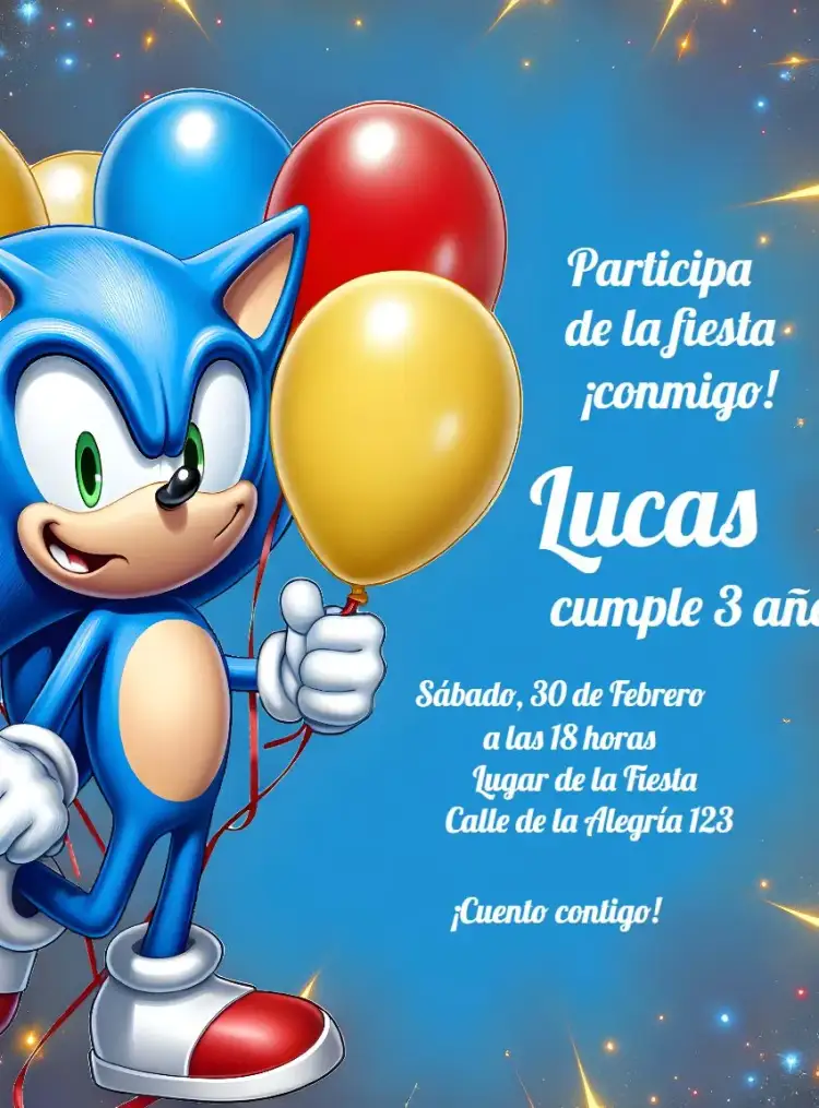 Invitación Sonic – tema Más buscados divertido, colorido, juegos, infantil, animado, temático