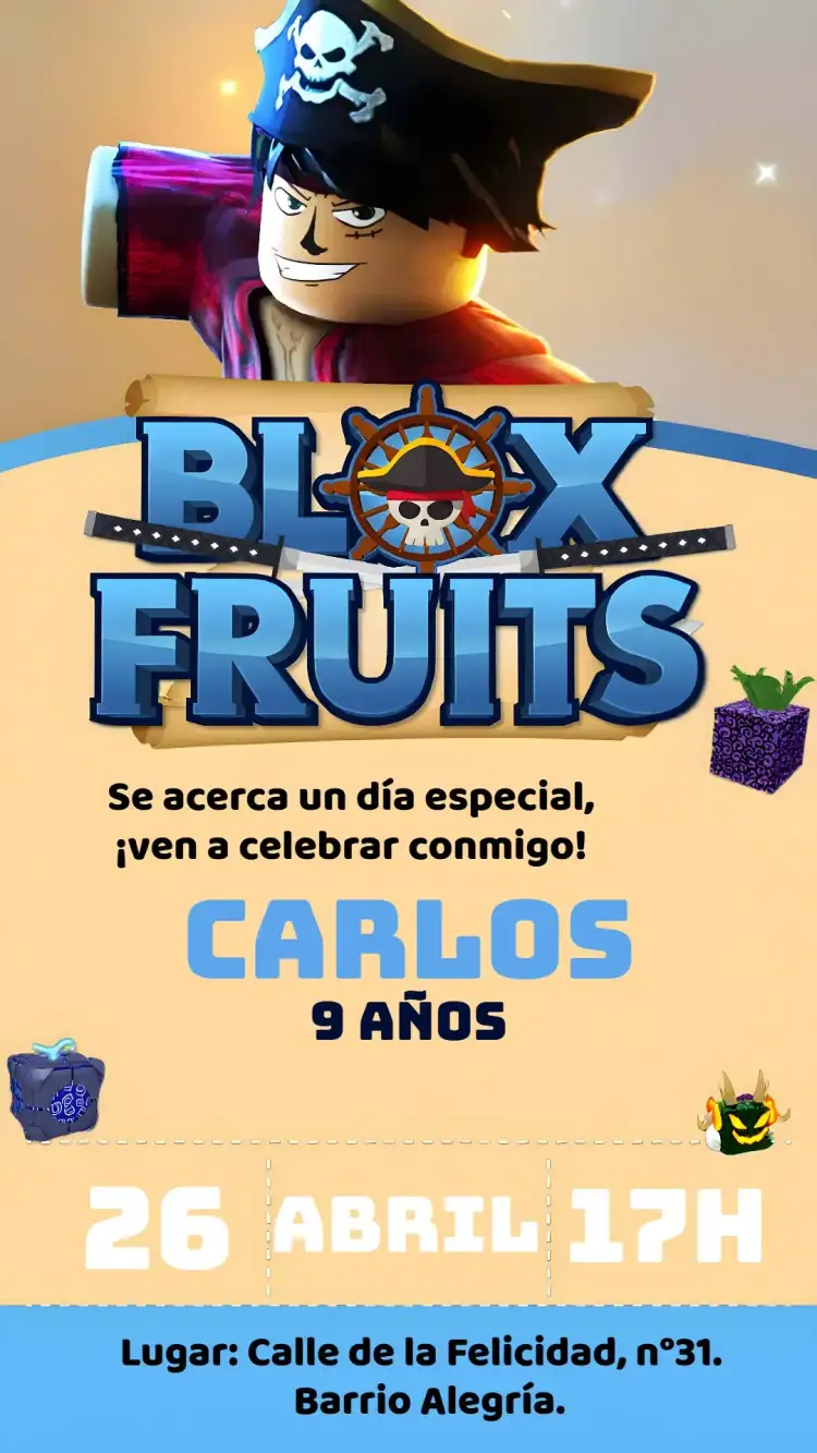 Invitación Blox Fruits Robux – tema Cumpleaños Infantil colorido, lúdico, moderno, divertido, temática de juegos, ilustraciones de personajes