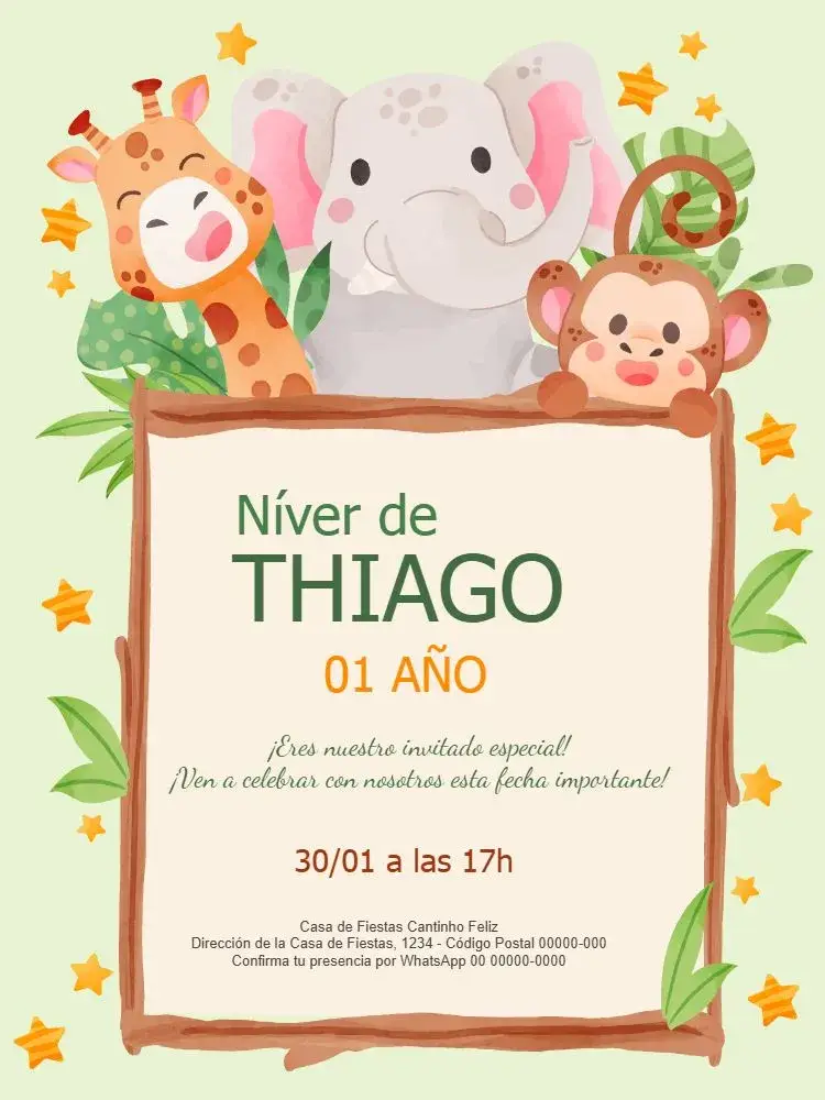 Invitación Safari Baby Niño 1 Año Verde editable y personalizable
