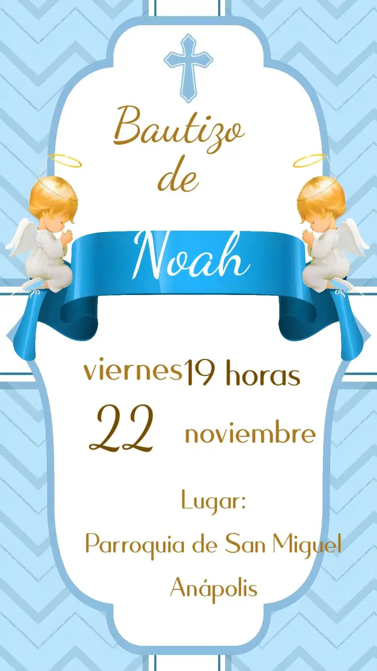 Invitación Bautizo Niño – tema Bautismo azul claro, minimalista, ilustraciones infantiles, detalles en dorado, estilo contemporáneo