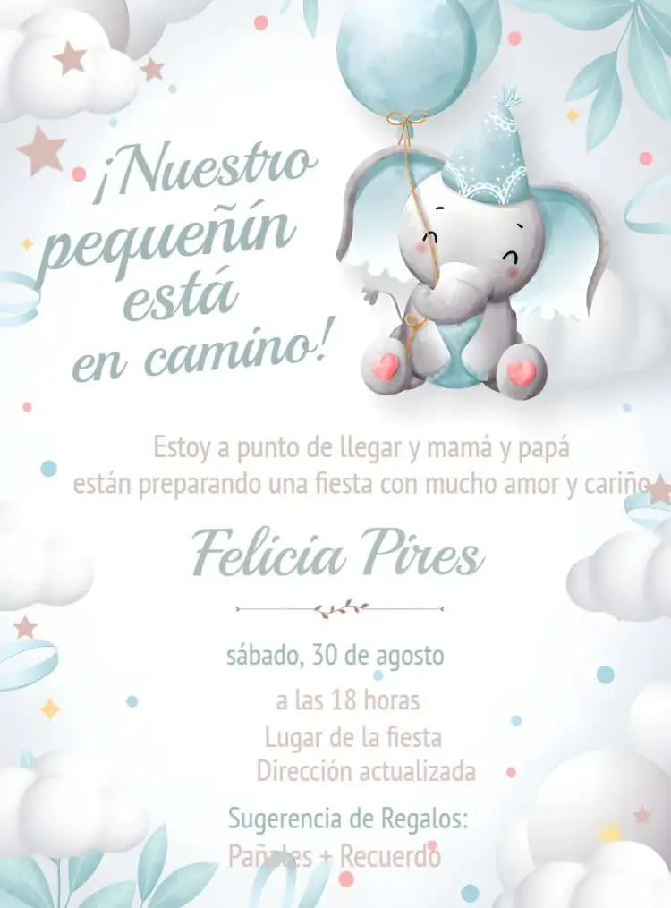Invitación Baby Shower Elefantito Pañales editable y personalizable