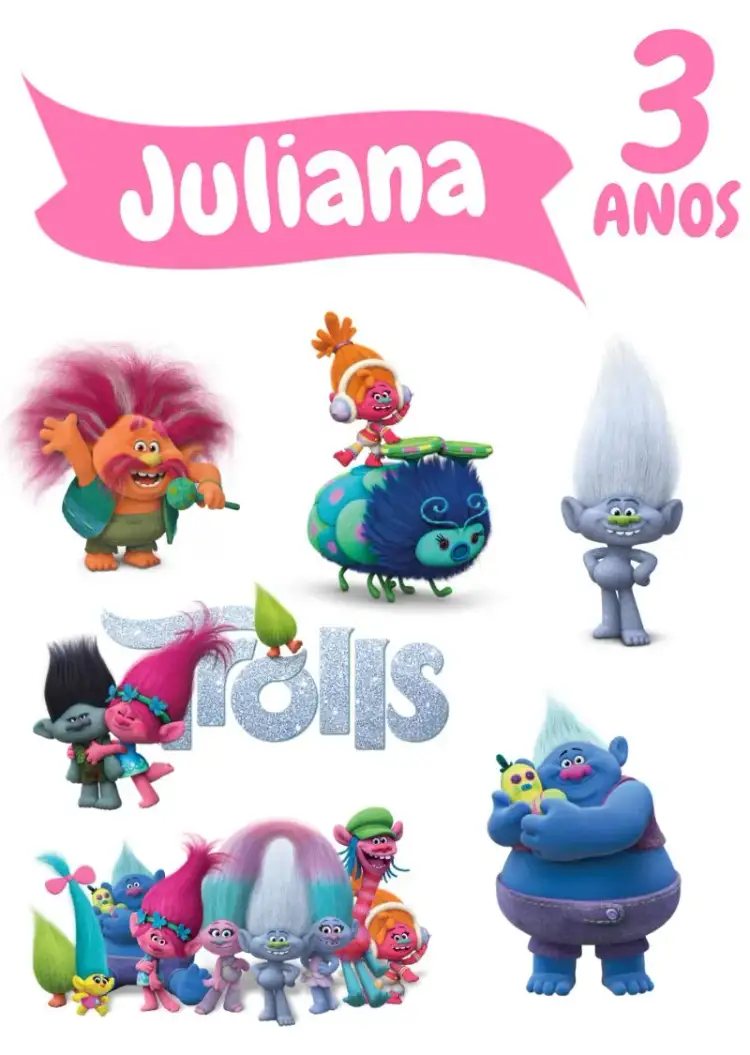 Invitación Topper de Pastel Trolls Rosa – tema Topper de torta rosa, divertido, colorido, infantil, temático, fantasioso