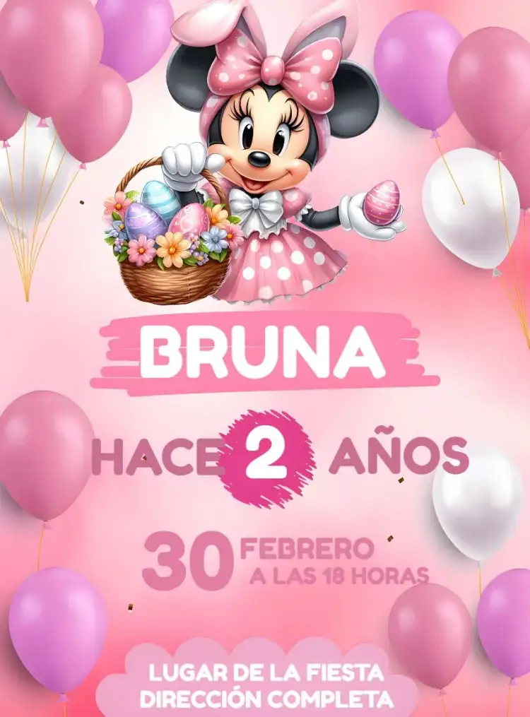 Invitación Minnie Mouse Pascua Rosa – tema Fechas Conmemorativas colorido, infantil, divertido, femenino, festivo, alegre