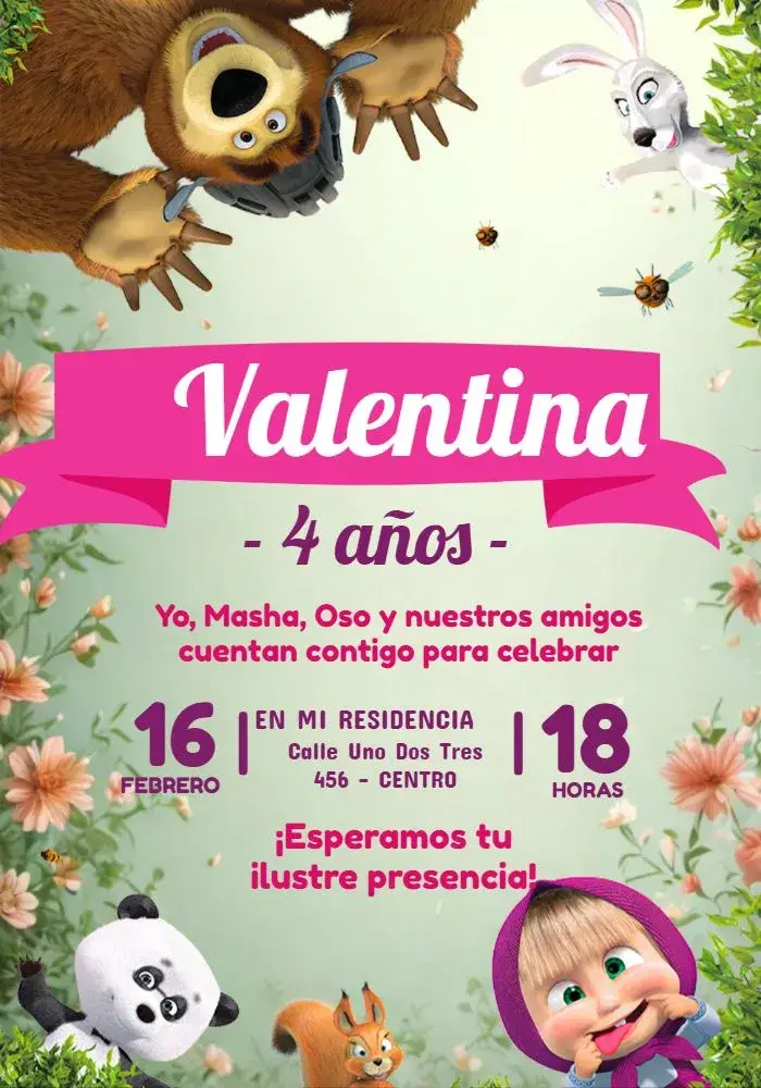Invitación Masha Y El Oso Colorido