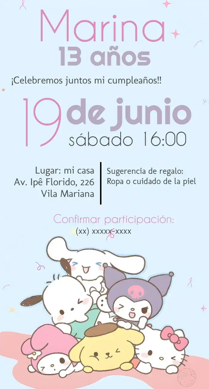 Invitación Hello Kitty Sanrio Kuromi – tema Más buscados colores vibrantes, estilo lúdico, elementos tiernos, inspirado en personajes, diseño moderno