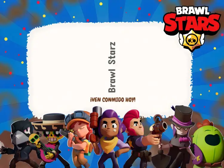 Invitación Brawl Stars – tema Cumpleaños Infantil colores vibrantes, estilo de dibujos animados, elementos de juego, diseño divertido, temática de aventura, ilustraciones coloridas