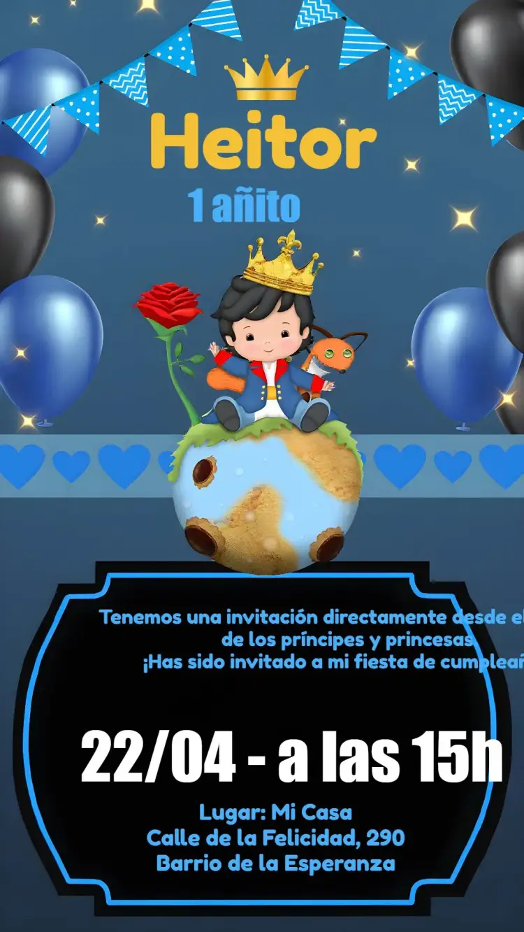 Invitación Príncipe de la Realeza – tema Fechas Conmemorativas azul, dorado, blanco, infantil, elegante, fantasía