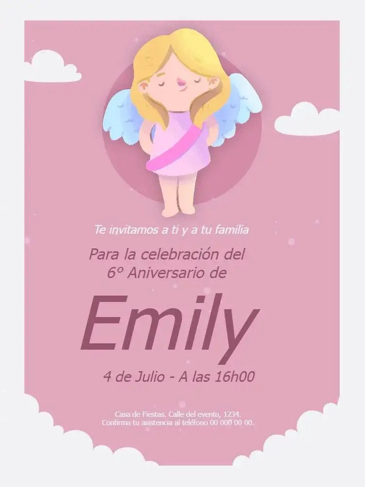 Invitación Ángel Niña Personalizado – tema Baby Shower delicado, rosa, nubes, infantil, moderno