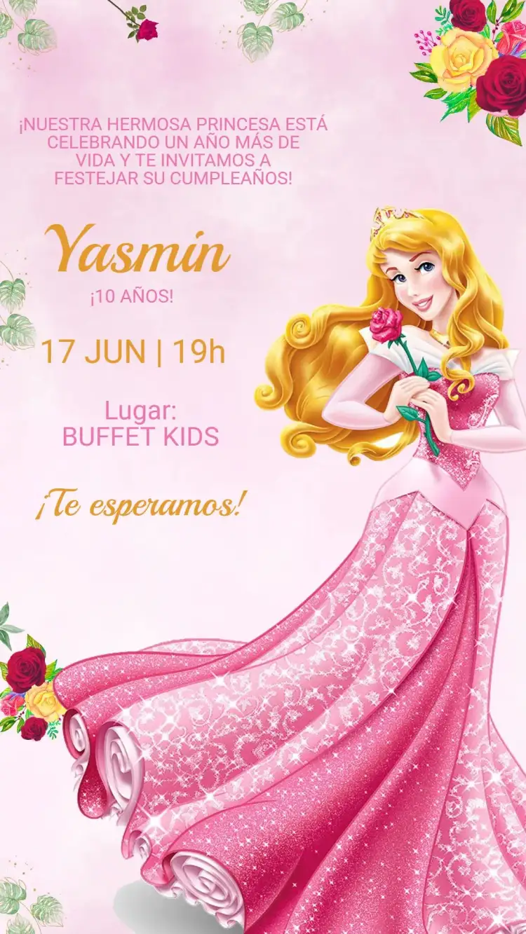 Invitación Invitación Cumpleaños Infantil Princesa Aurora – tema Cumpleaños Infantil encantado, floral, colorido, fantasía, romántico, clásico
