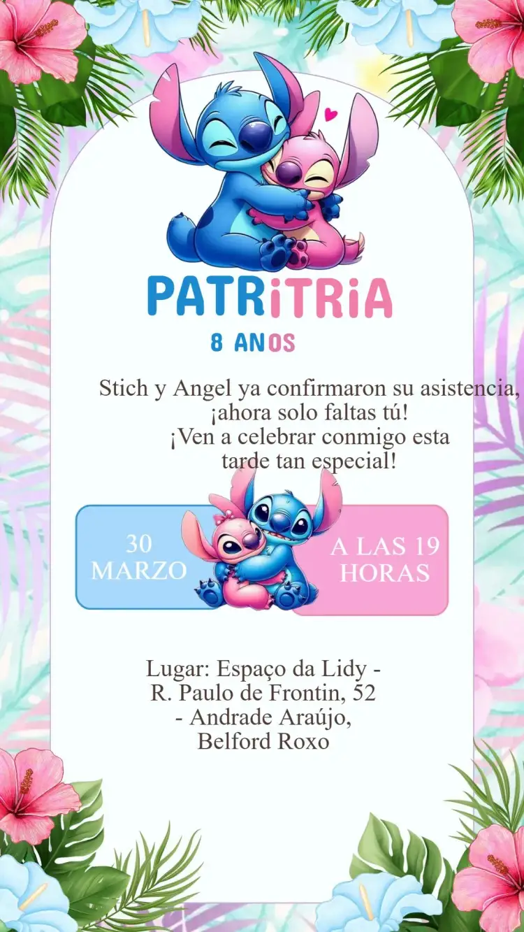Invitación Invitación Cumpleaños Stitch y Angel – tema Cumpleaños Infantil colorido, divertido, temático, animado, infantil, tropical