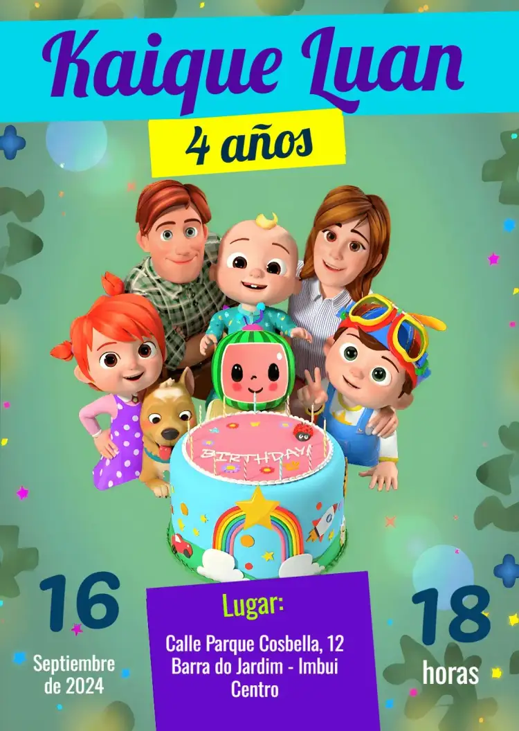 Invitación Cocomelon Infantil – tema Cumpleaños Infantil colorido, divertido, infantil, temático, alegre