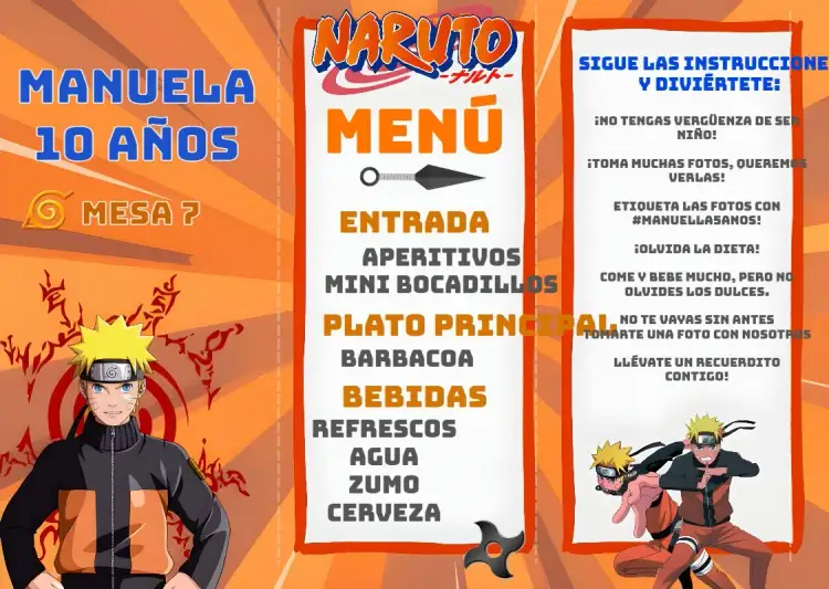 Invitación Menú Triángulo Naruto Mesa – tema Cumpleaños Infantil colorido, ninja, anime, divertido, temático, aventura
