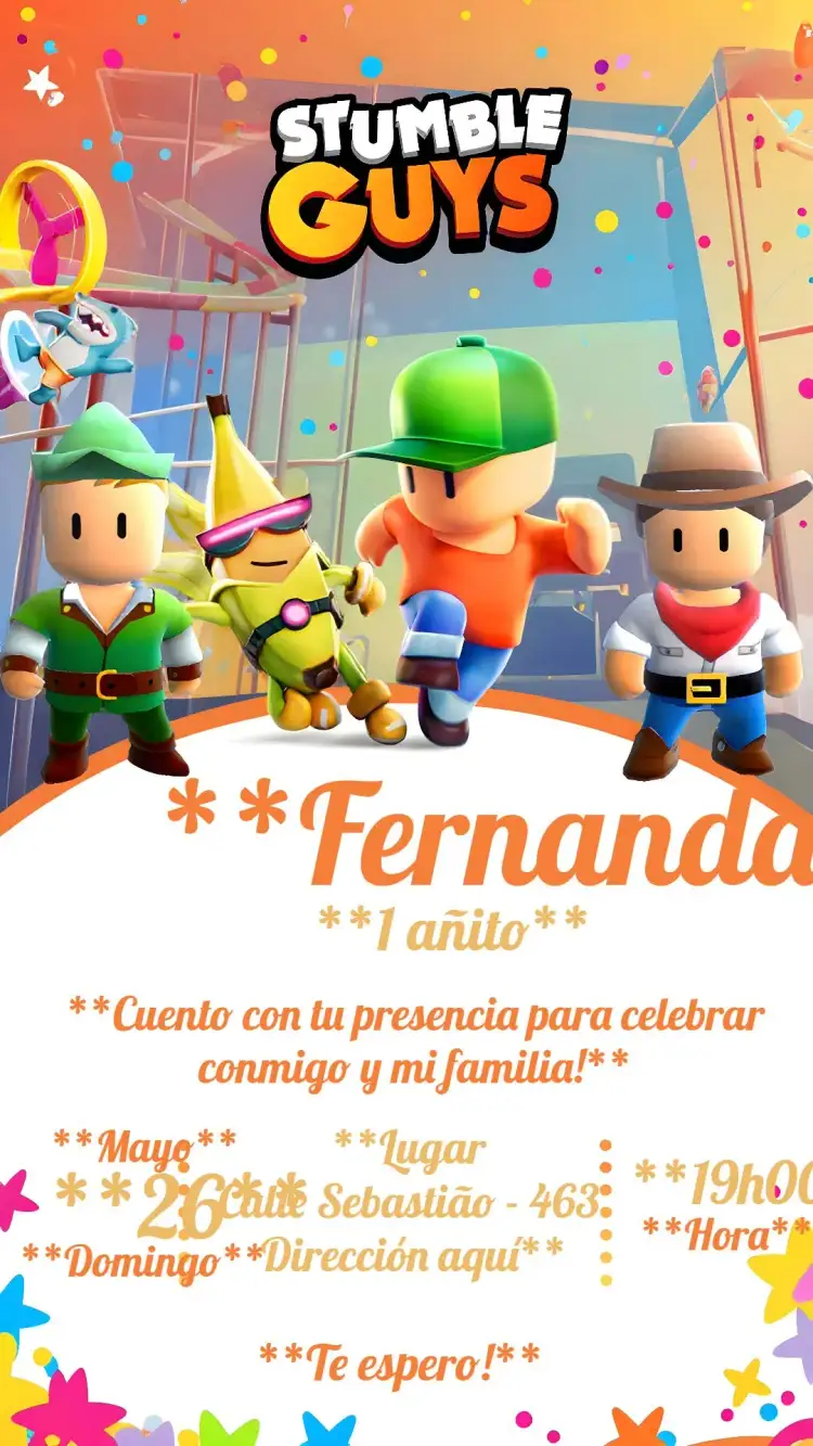Invitación Stumble Guys Infantil – tema Cumpleaños colorido, divertido, juegos, infantil, moderno
