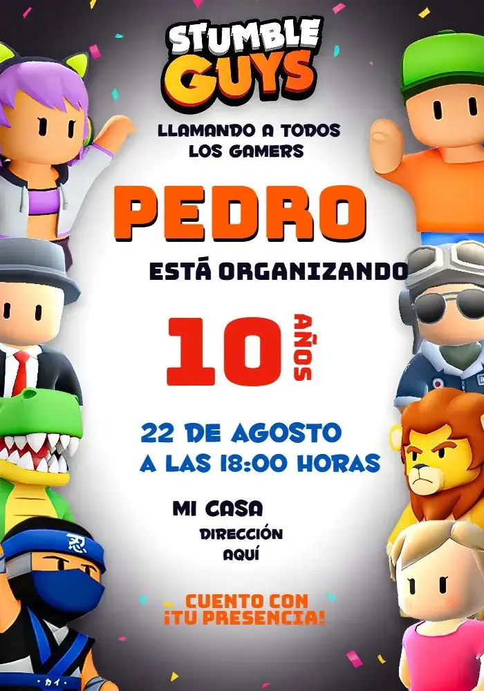 Invitación Stumble Guys Verde – tema Más buscados colorido, gamer, moderno, divertido, jovial, animado