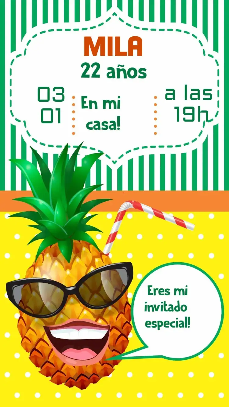 Invitación Piña – tema Cumpleaños tropical, frutas, verano