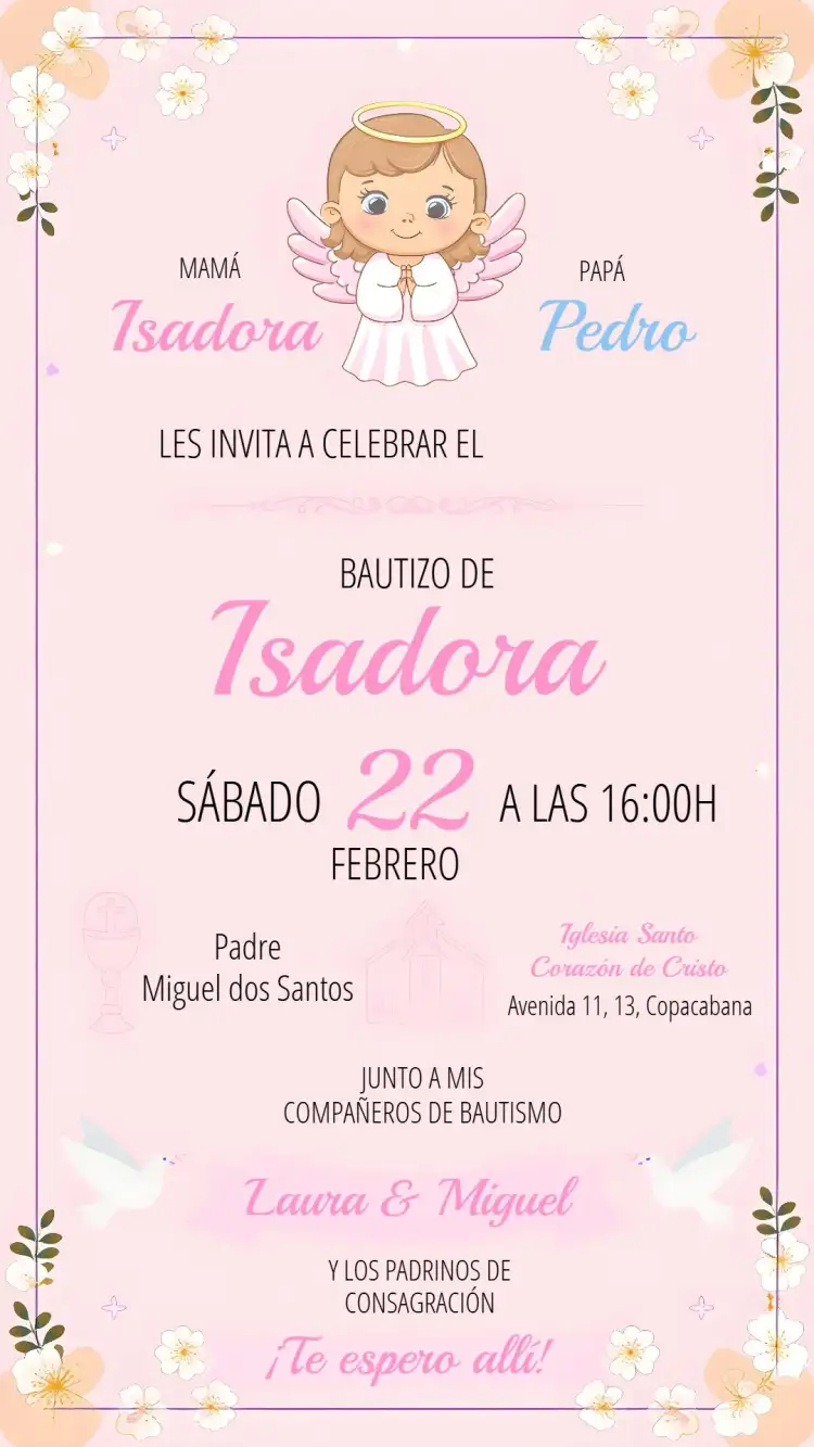 Invitación Bautizo Rosa – tema Bautismo floral, delicado, rosa, angelical, minimalista, feminino
