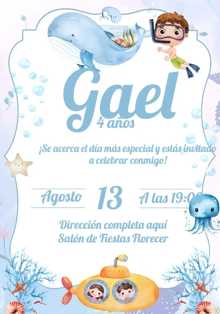 Invitación Fondo Del Mar Niño Azul Pulpo