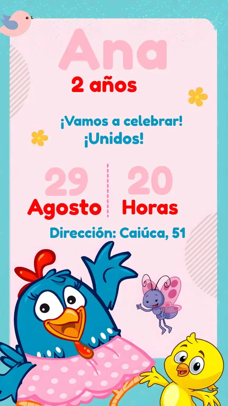Invitación Gallina Pintadita Azul – tema Más buscados colorido, divertido, infantil, temático, vibrante