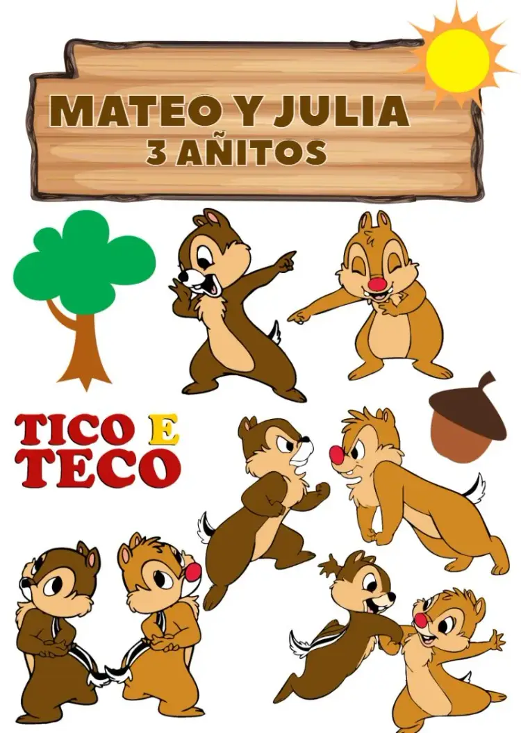 Invitación Topper de Pastel Tico y Teco Infantil