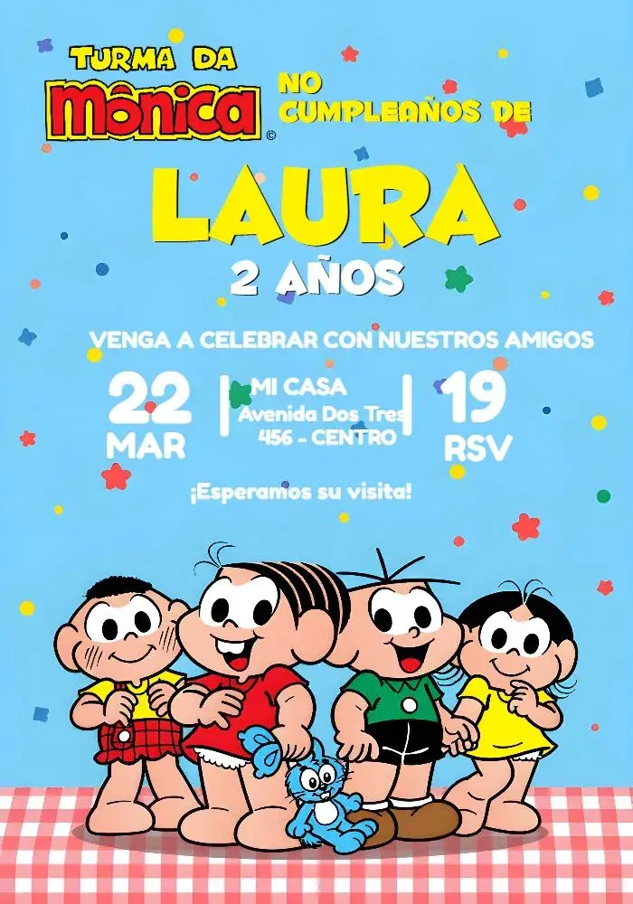 Invitación Turma De La Mónica Colorido editable y personalizable