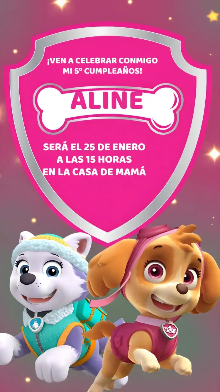 Invitación Patrulla Canina Rosa – tema Cumpleaños Infantil rosa, divertido, temático, colorido, infantil, animado