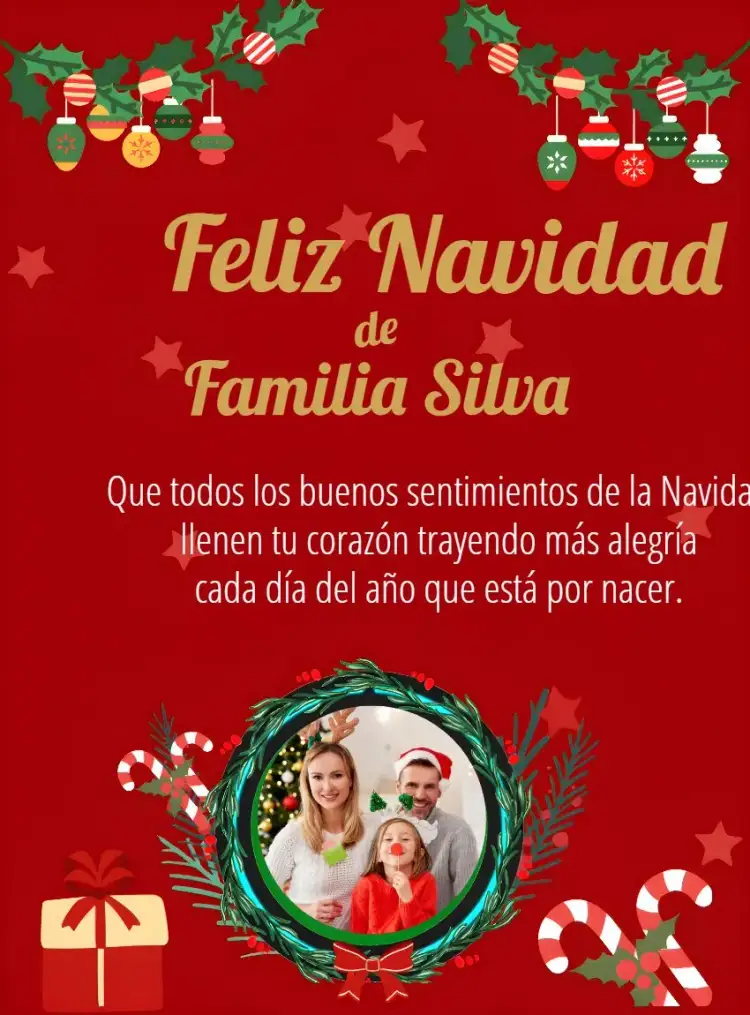 Invitación Tarjeta De Feliz Navidad En Familia Con Foto Dorada – tema Fechas Conmemorativas dorado, rojo, navideño, elegante, familiar, festivo