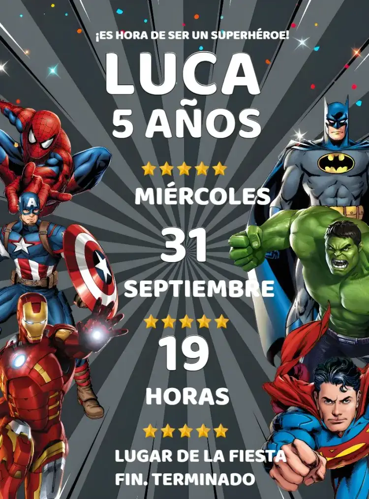 Invitación Super Héroes Vengadores Batman – tema Más buscados colorido, moderno, temático, acción, divertido
